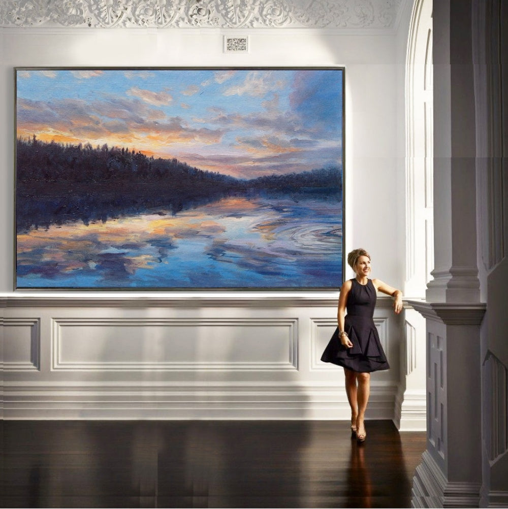 Serene Sunset Reflection Over Tranquil Lake – Beautiful Oil Painting for Home Decor