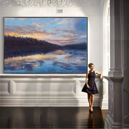 Serene Sunset Reflection Over Tranquil Lake – Beautiful Oil Painting for Home Decor