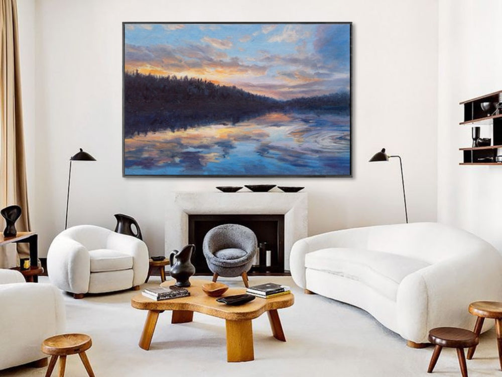 Serene Sunset Reflection Over Tranquil Lake – Beautiful Oil Painting for Home Decor