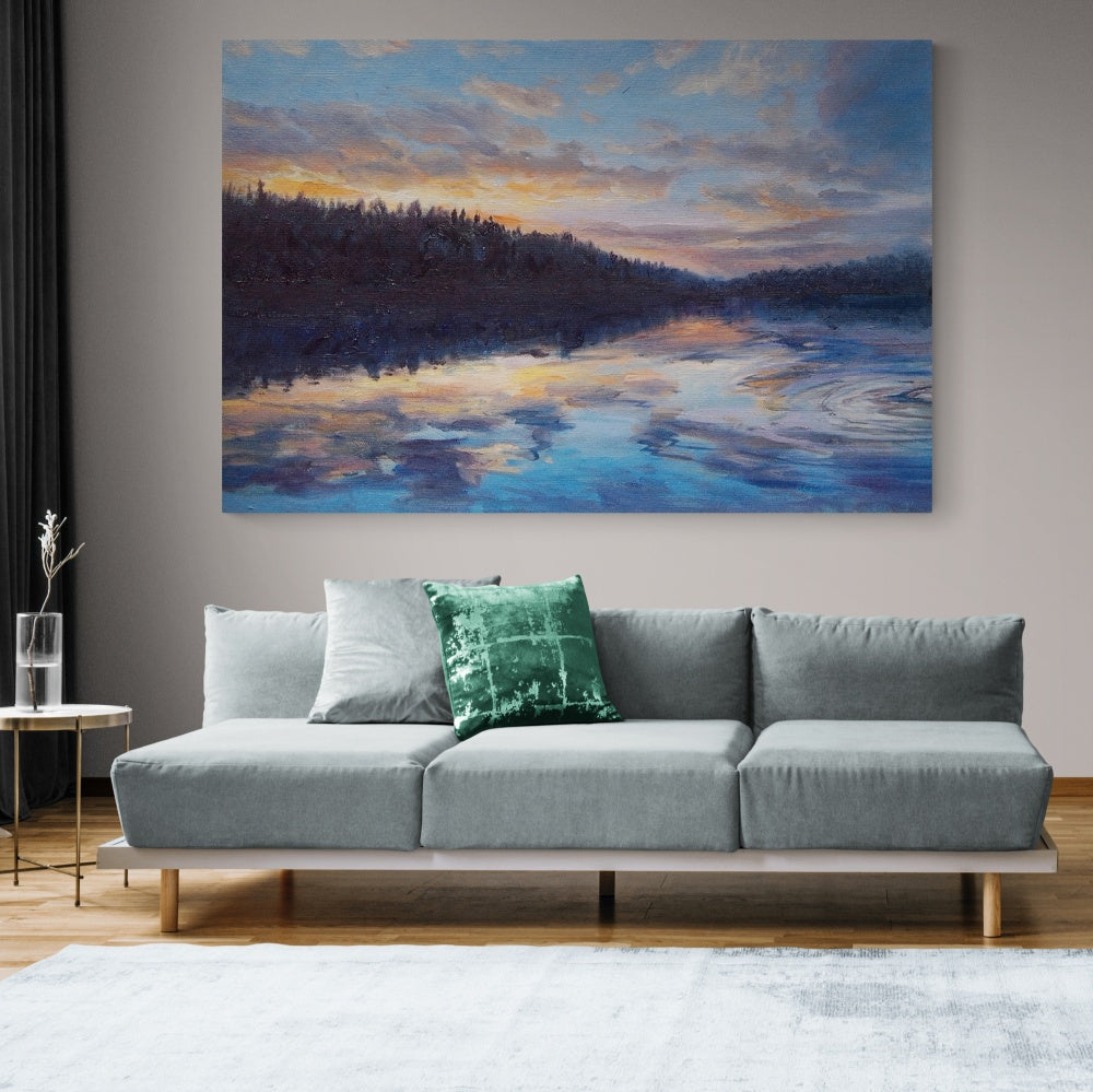 Serene Sunset Reflection Over Tranquil Lake – Beautiful Oil Painting for Home Decor