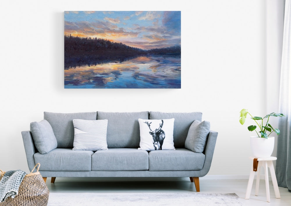 Serene Sunset Reflection Over Tranquil Lake – Beautiful Oil Painting for Home Decor