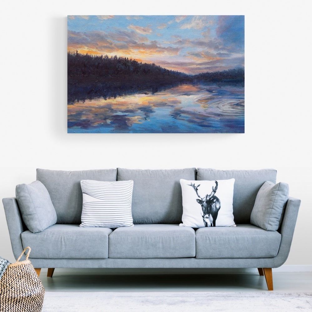 Serene Sunset Reflection Over Tranquil Lake – Beautiful Oil Painting for Home Decor