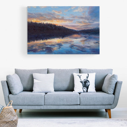 Serene Sunset Reflection Over Tranquil Lake – Beautiful Oil Painting for Home Decor