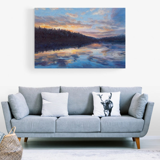 Serene Sunset Reflection Over Tranquil Lake – Beautiful Oil Painting for Home Decor