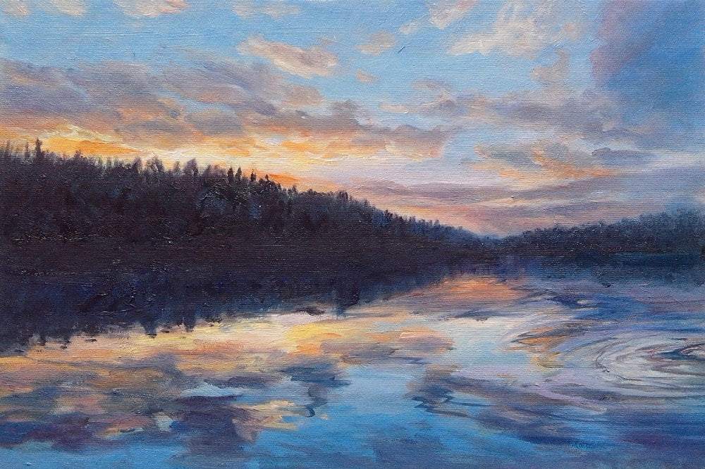 Serene Sunset Reflection Over Tranquil Lake – Beautiful Oil Painting for Home Decor