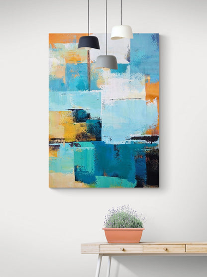 Vibrant Abstract Seascape Oil Painting in Turquoise and Orange Tones