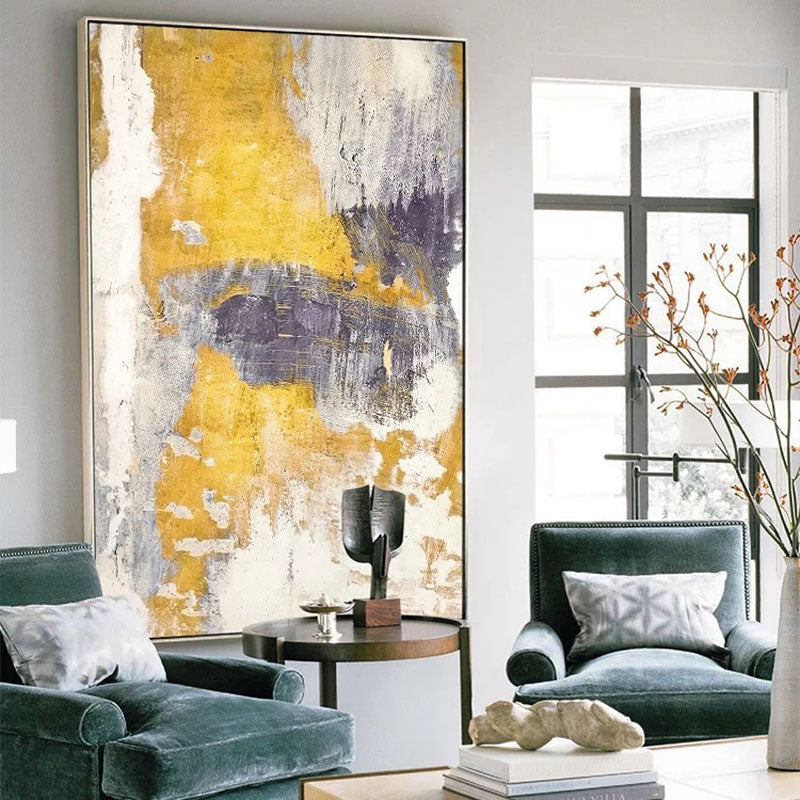 Abstract Yellow and Purple Oil Painting for Modern Home Decor