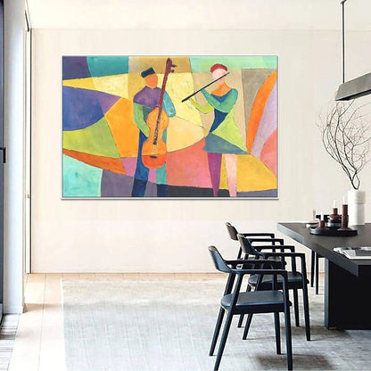 Vibrant Abstract Oil Painting of Musicians Creating Colorful Melodies