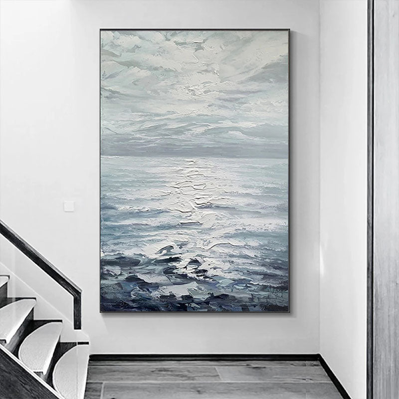 Serene Ocean Horizon: Textured Abstract Oil Painting for Tranquil Decor