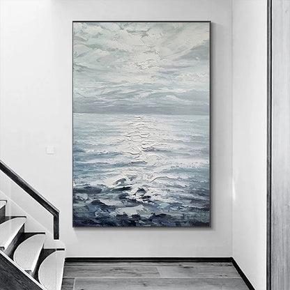Serene Ocean Horizon: Textured Abstract Oil Painting for Tranquil Decor