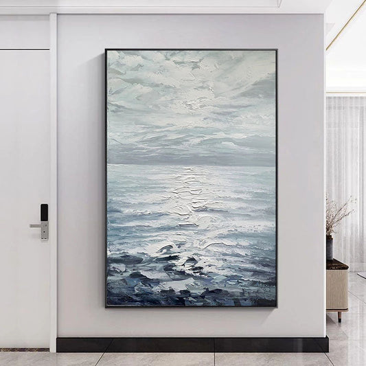 Serene Ocean Horizon: Textured Abstract Oil Painting for Tranquil Decor