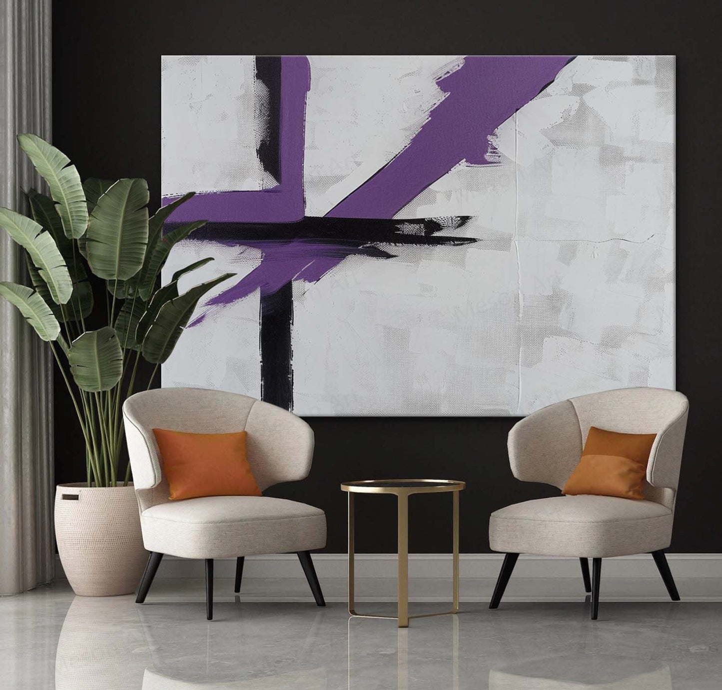 Abstract Purple and Black Minimalist Oil Painting for Modern Decor