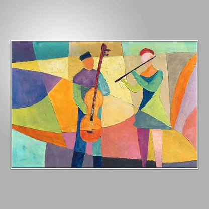 Vibrant Abstract Oil Painting of Musicians Creating Colorful Melodies