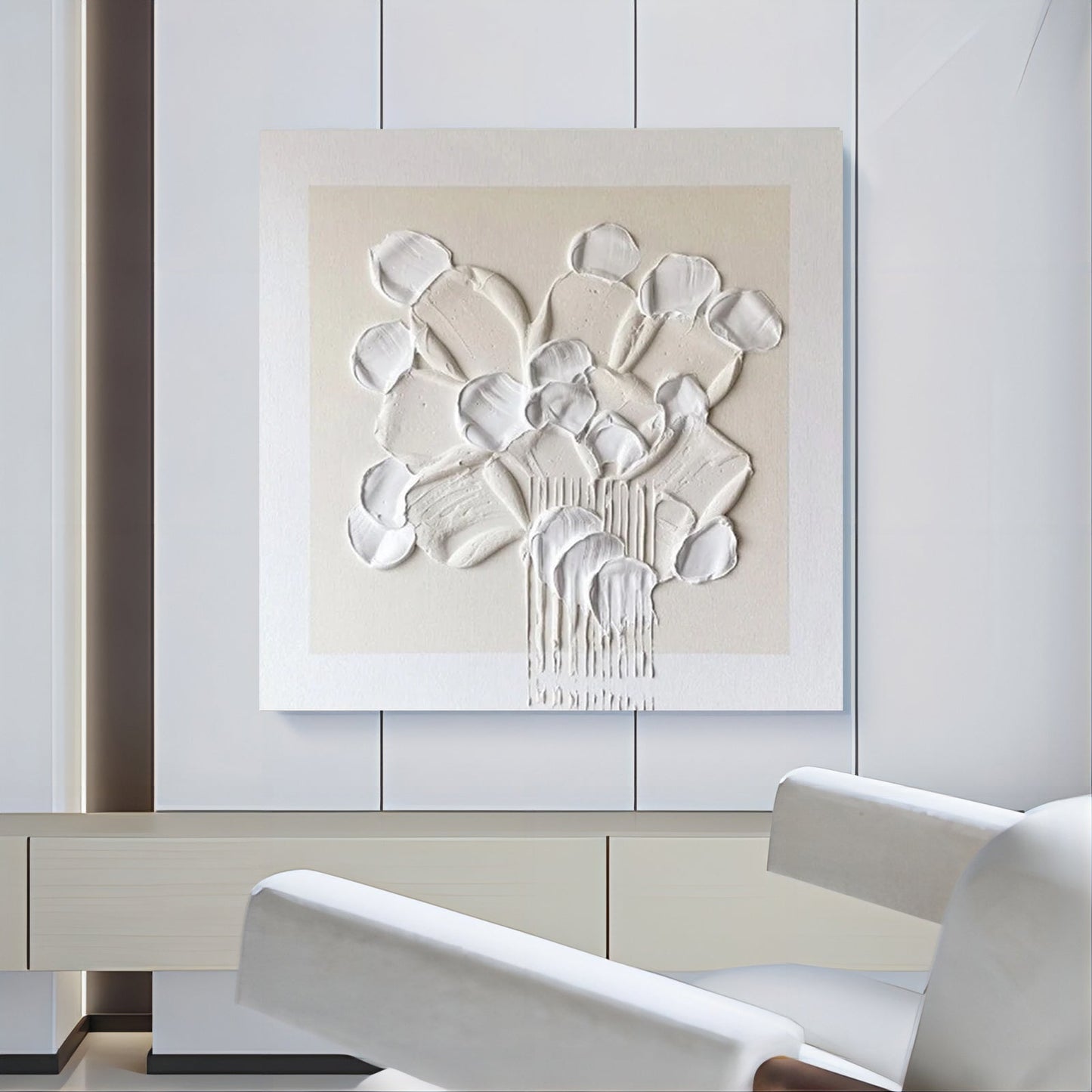 Textured White Floral Abstract Oil Painting for Modern Home Decor