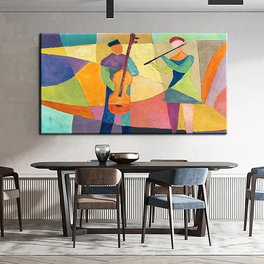 Vibrant Abstract Oil Painting of Musicians Creating Colorful Melodies