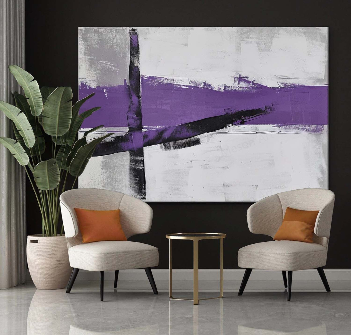 Abstract Purple Lines on Neutral Background - Elegant Modern Wall Art