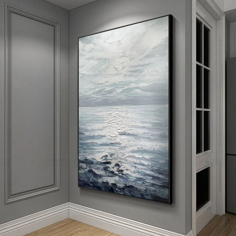 Serene Ocean Horizon: Textured Abstract Oil Painting for Tranquil Decor