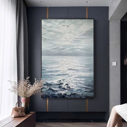 Serene Ocean Horizon: Textured Abstract Oil Painting for Tranquil Decor