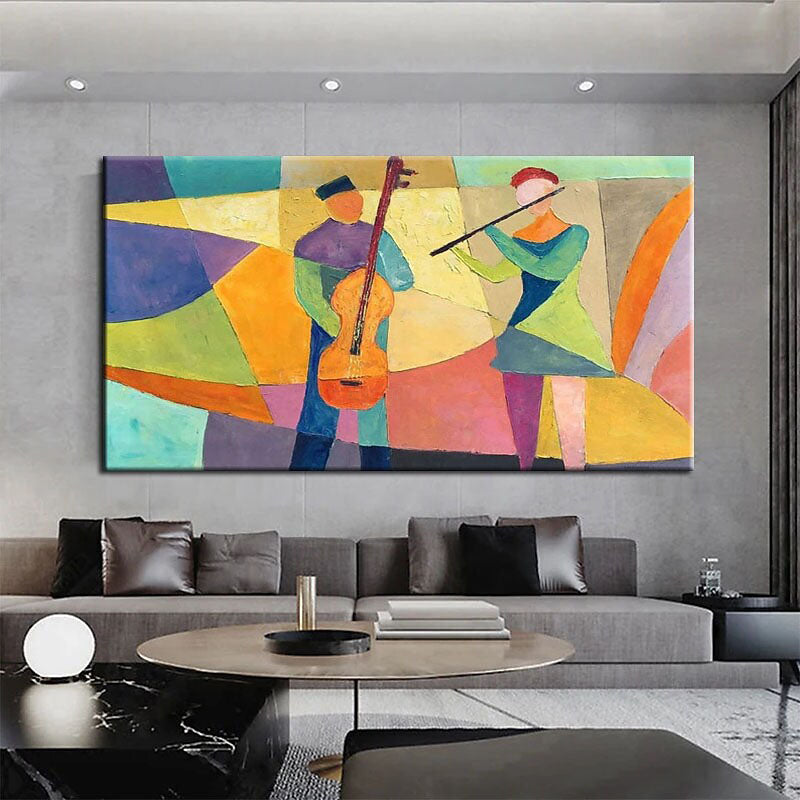 Vibrant Abstract Oil Painting of Musicians Creating Colorful Melodies