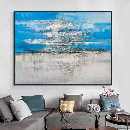 Serene Coastal Abstract Oil Painting in Blue and White for Modern Home Decor