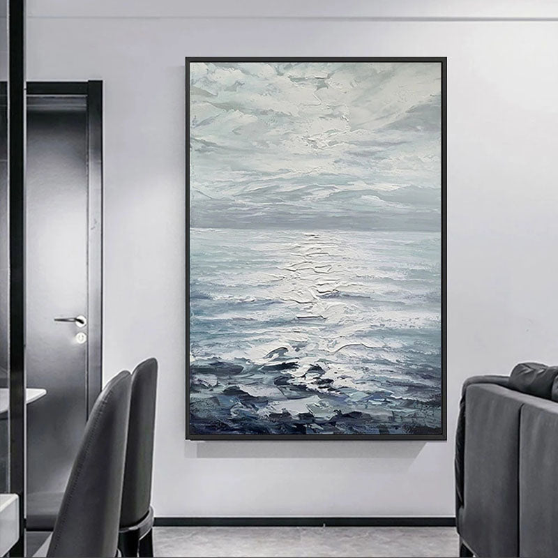 Serene Ocean Horizon: Textured Abstract Oil Painting for Tranquil Decor
