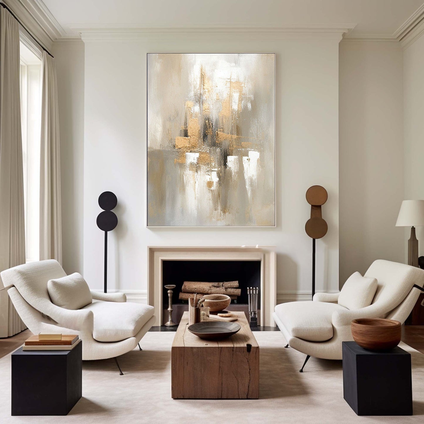 Elegant Grey and Gold Minimalist Oil Painting for Modern Home Decor