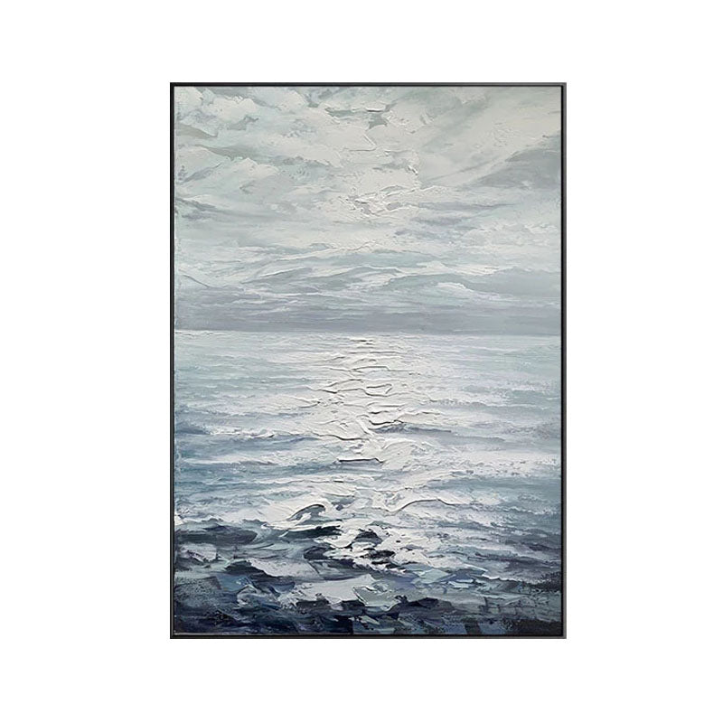 Serene Ocean Horizon: Textured Abstract Oil Painting for Tranquil Decor