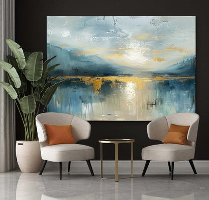 Serene Blue Landscape Oil Painting with Glimmering Gold Accents for Modern Decor