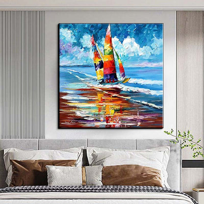 Colorful Sailboat on Vibrant Water - Stunning Oil Painting for Nautical Decor