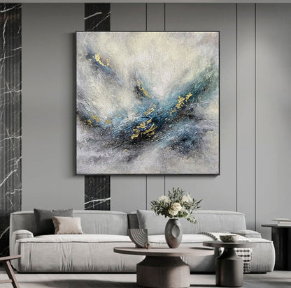 Abstract Blue and Gold Landscape Oil Painting for Modern Home Décor