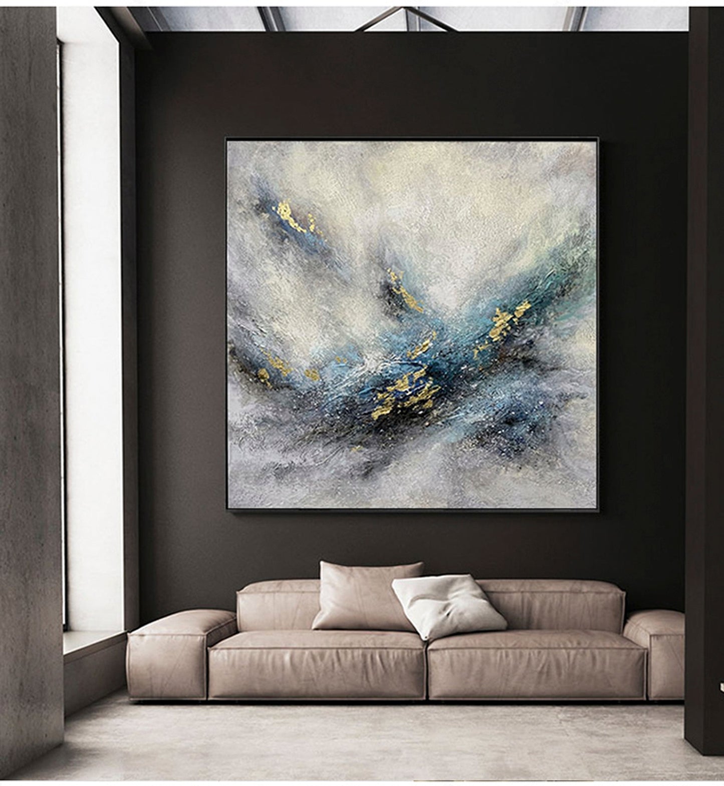 Abstract Blue and Gold Landscape Oil Painting for Modern Home Décor