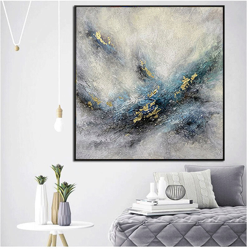 Abstract Blue and Gold Landscape Oil Painting for Modern Home Décor