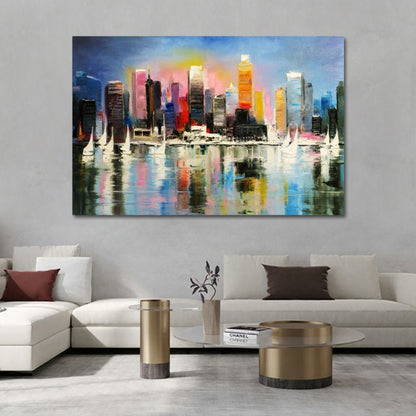 Vibrant Cityscape Oil Painting with Sailboats and Reflections
