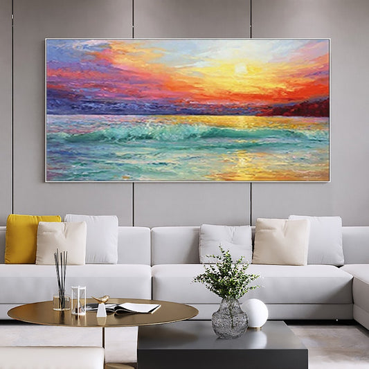 Vibrant Coastal Sunset: Oil Painting of Serene Beach and Colorful Sky