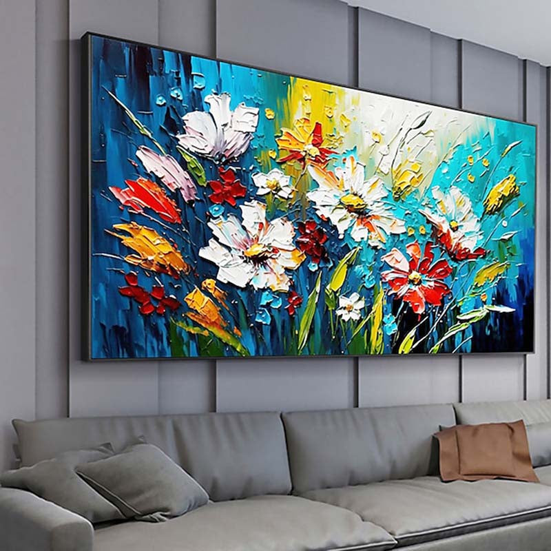 Vibrant Spring Flowers Oil Painting with Blue Green Background for Home Decor