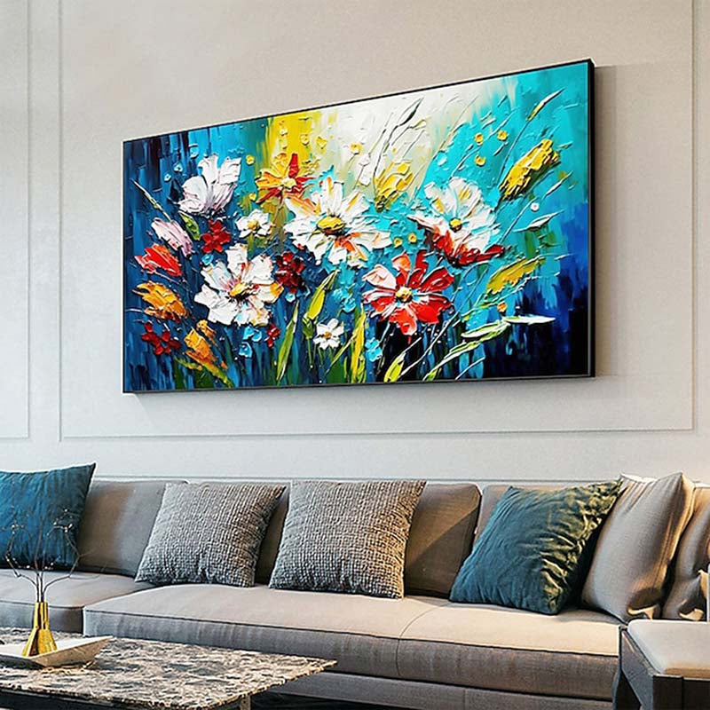 Vibrant Spring Flowers Oil Painting with Blue Green Background for Home Decor