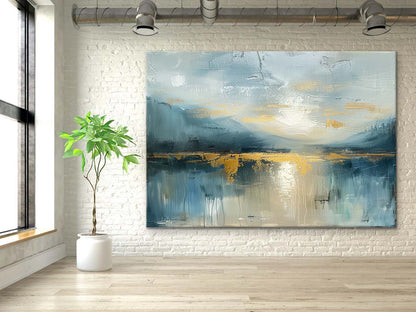 Serene Blue Landscape Oil Painting with Glimmering Gold Accents for Modern Decor