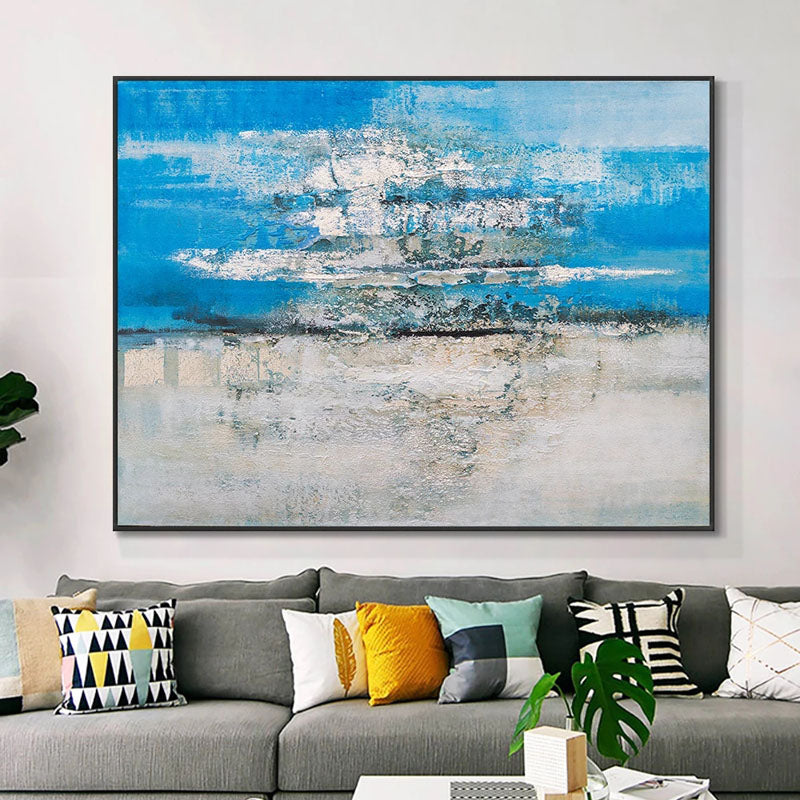 Serene Coastal Abstract Oil Painting in Blue and White for Modern Home Decor