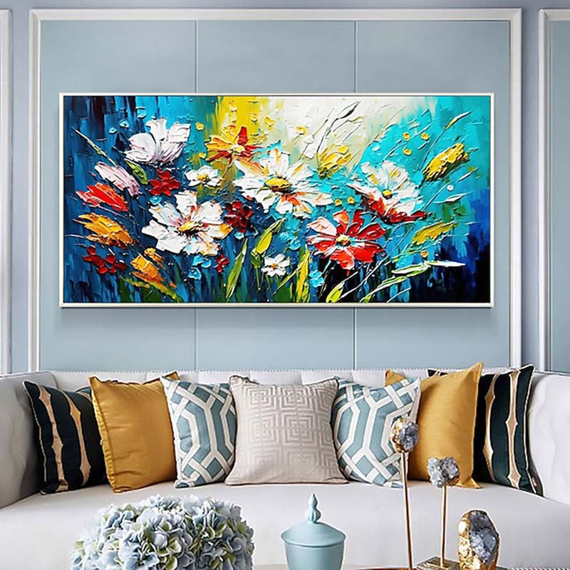 Vibrant Spring Flowers Oil Painting with Blue Green Background for Home Decor