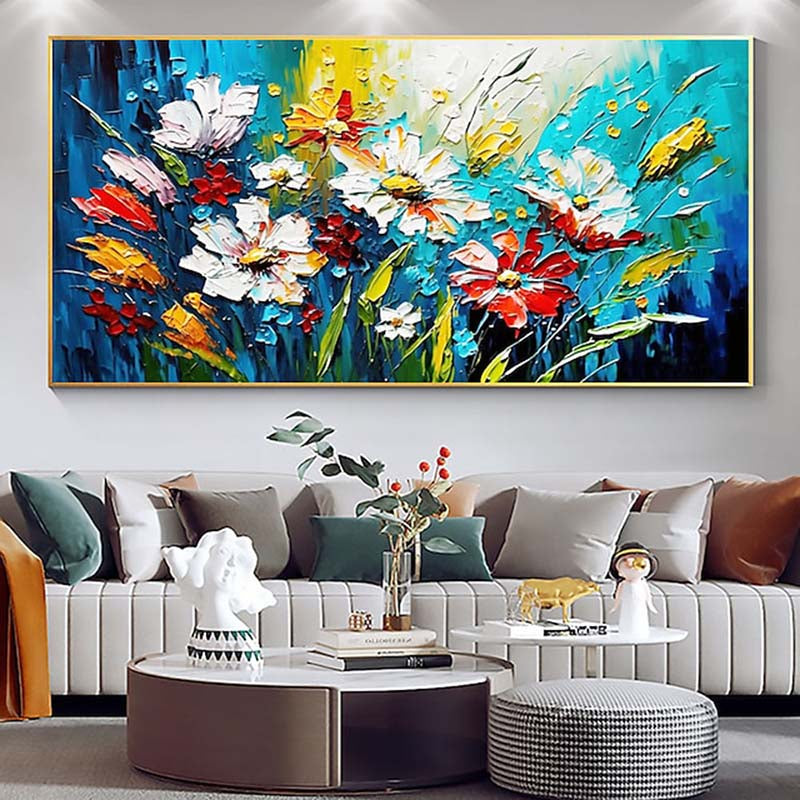 Vibrant Spring Flowers Oil Painting with Blue Green Background for Home Decor