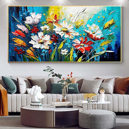 Vibrant Spring Flowers Oil Painting with Blue Green Background for Home Decor