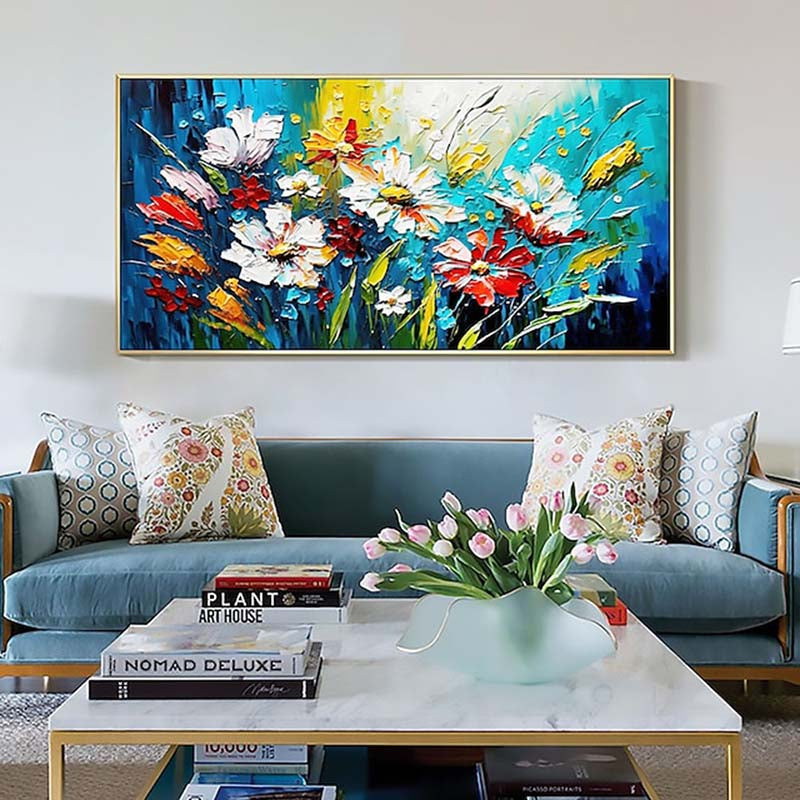Vibrant Spring Flowers Oil Painting with Blue Green Background for Home Decor