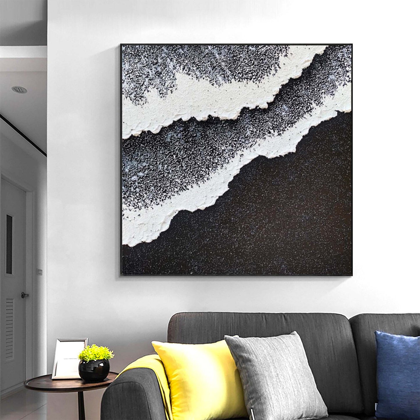 Abstract Minimalist Beach Scene: Ocean Waves and Textured Coastal Art