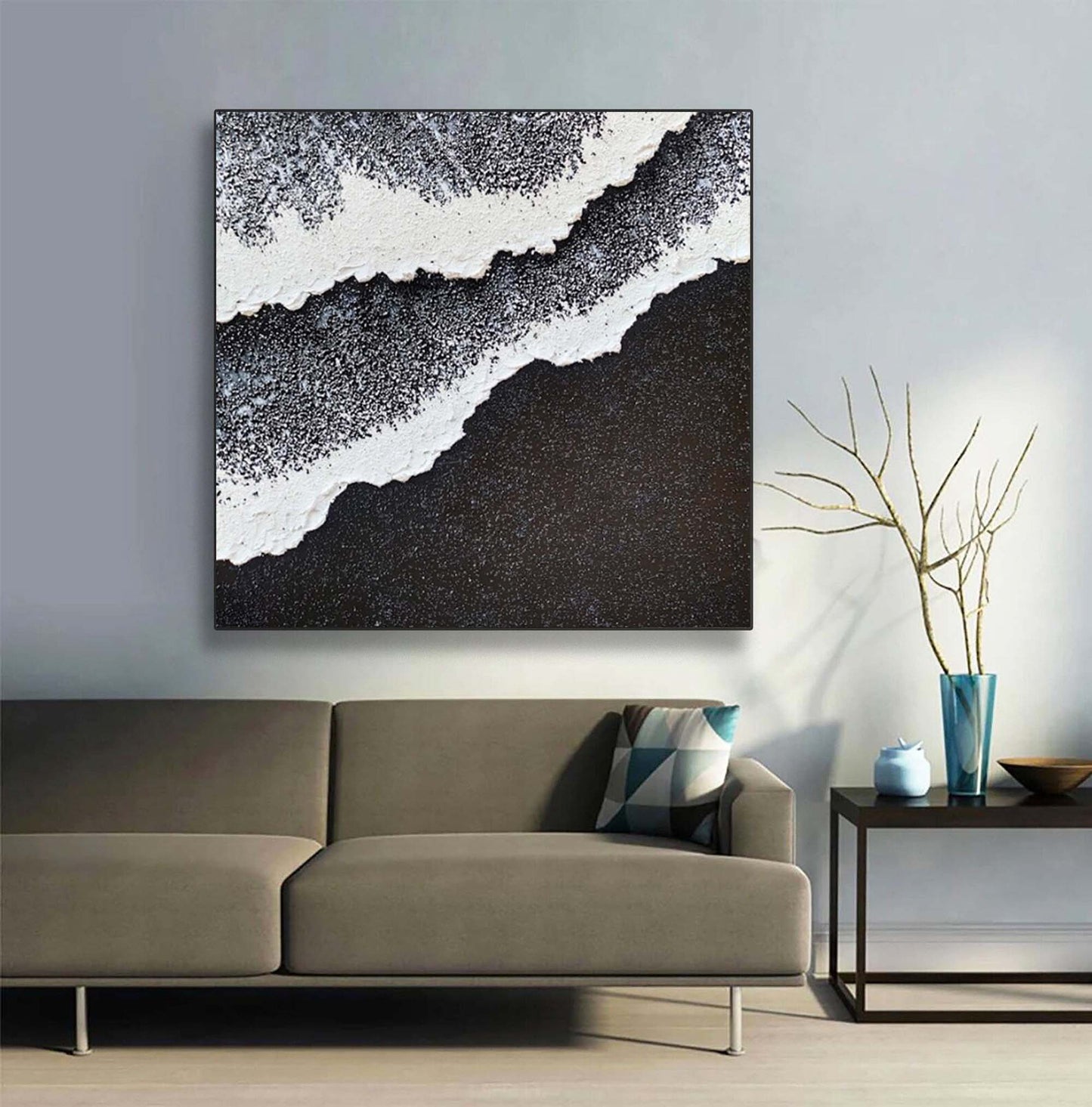 Abstract Minimalist Beach Scene: Ocean Waves and Textured Coastal Art