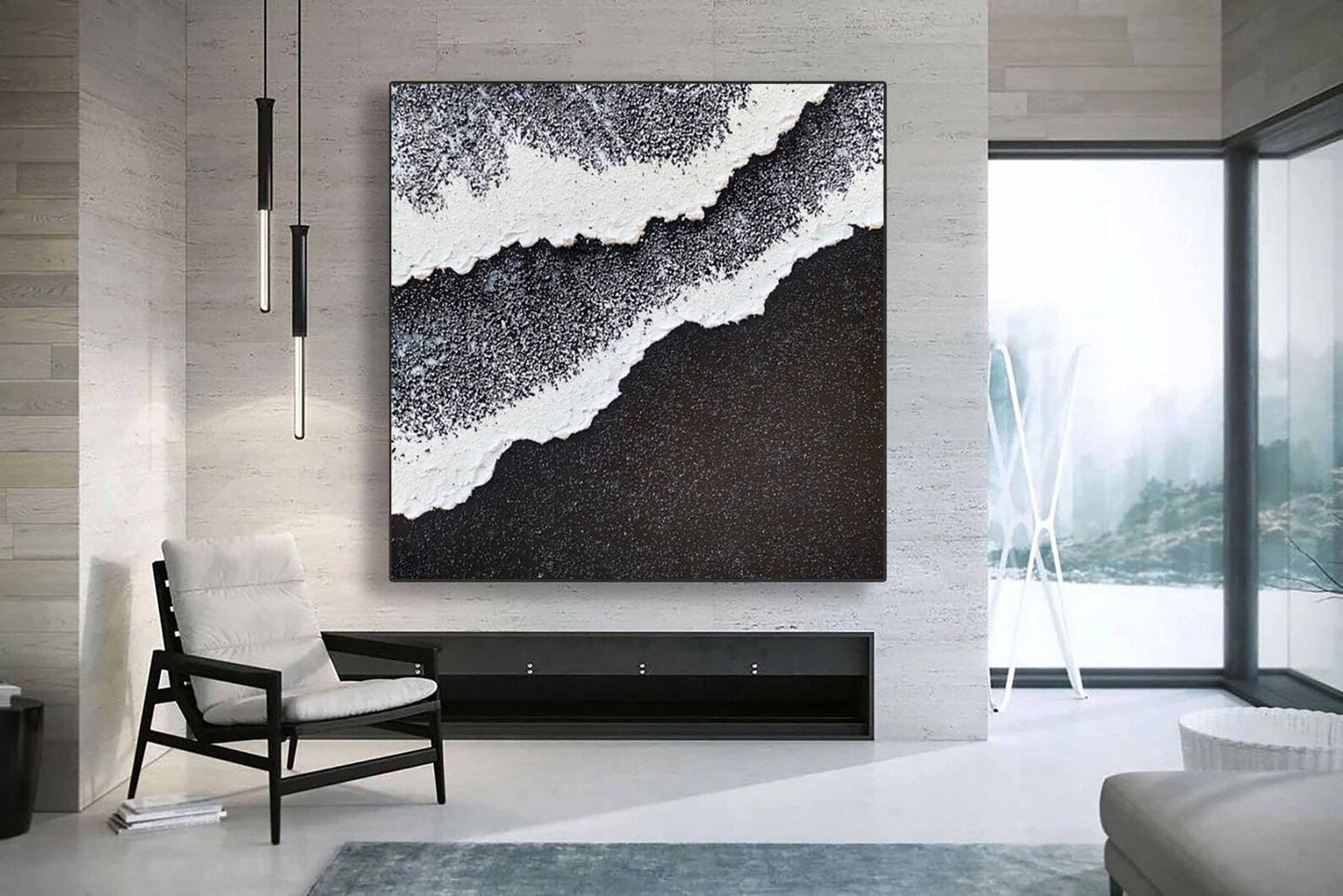 Abstract Minimalist Beach Scene: Ocean Waves and Textured Coastal Art