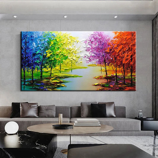 Vibrant Landscape Oil Painting with Colorful Trees and Reflective Water