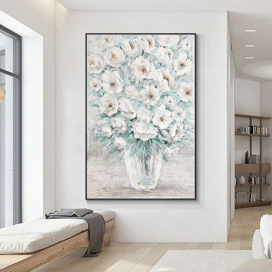Elegant White Camellias in a Glass Vase - Stunning Floral Oil Painting for Home Décor
