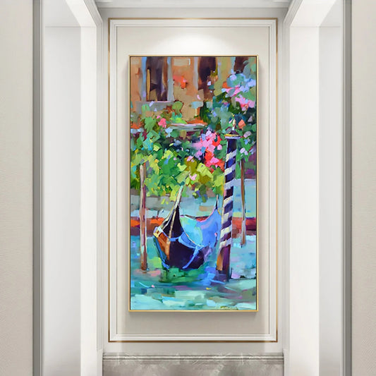 Charming Venetian Gondola with Vibrant Flowers - Colorful Oil Painting
