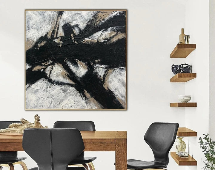 Abstract Black and White Oil Painting with Textured Finish for Modern Decor