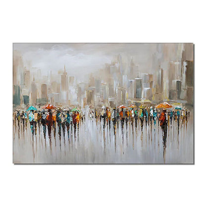 Vibrant Cityscape of Hong Kong with Umbrellas - Abstract Oil Painting